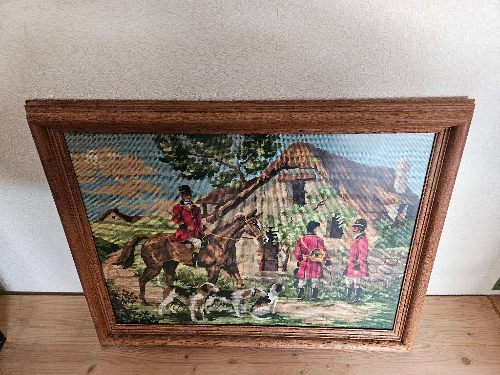 Geborduurd schilderij Jacht te paard met honden boerderij, 50 tot 75 cm, Ophalen of Verzenden, Zo goed als nieuw, Schilderij