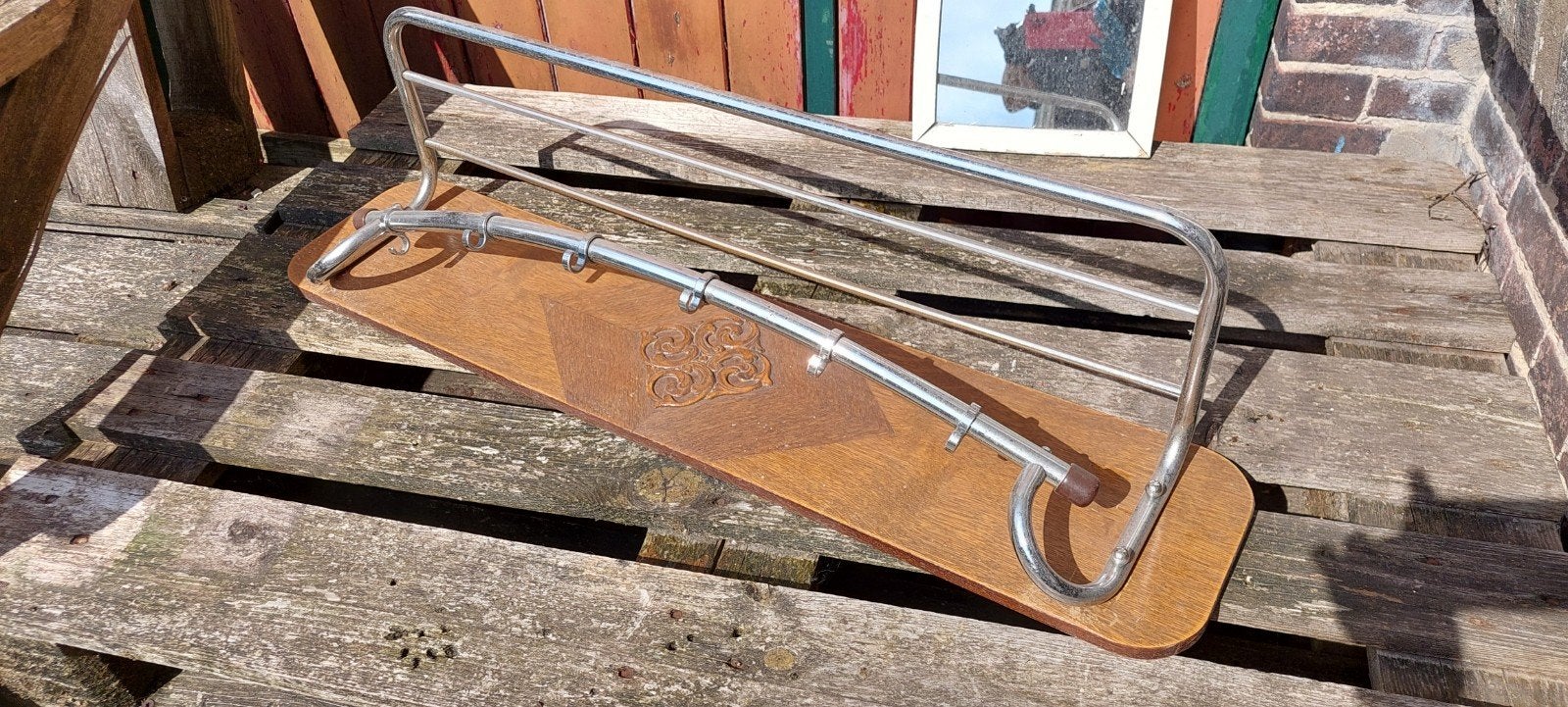 Vintage houten wandkapstok met metalen rek, Gebruikt, Minder dan 100 cm, Hout, Ophalen