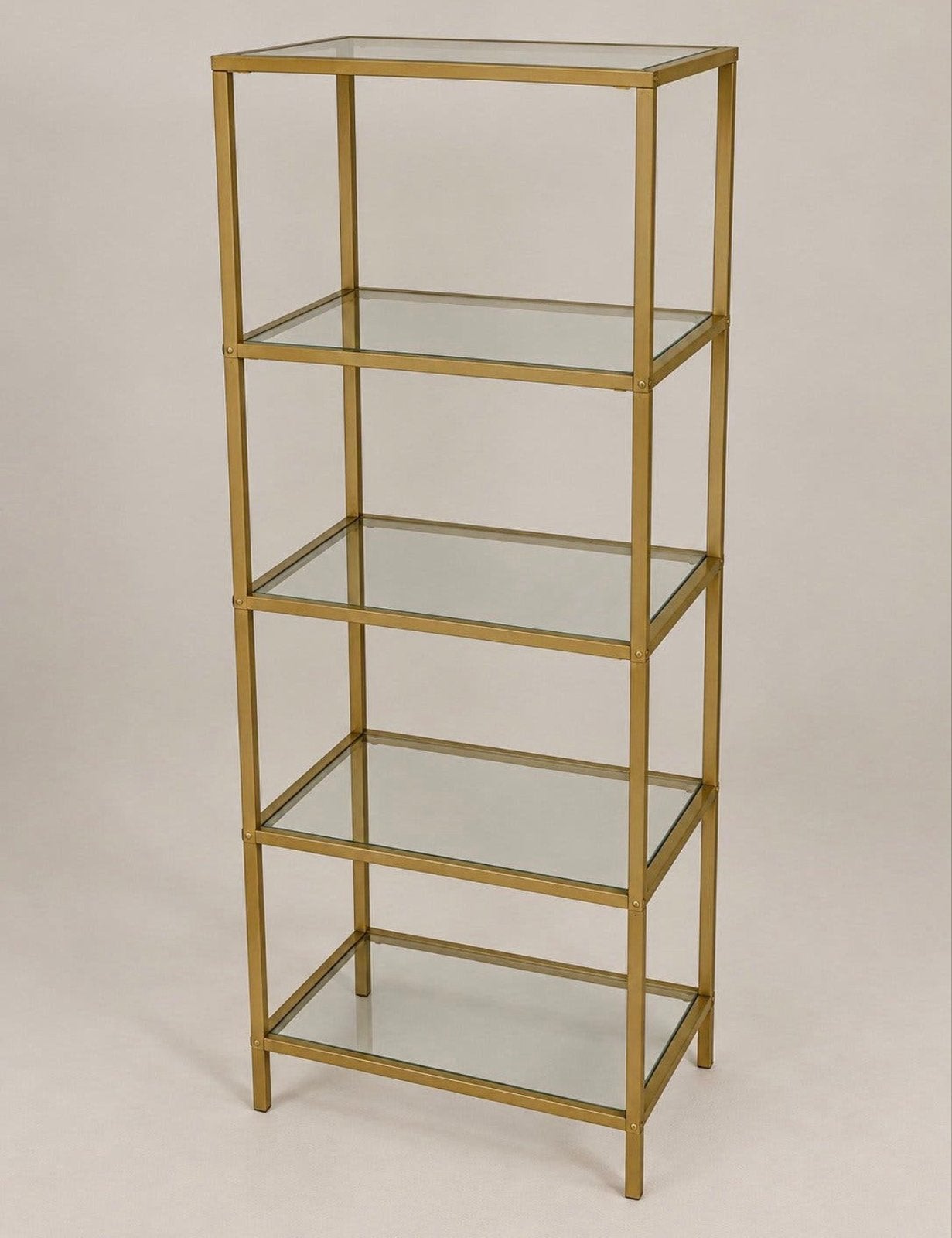 Gouden metalen en glazen displayrek/boekenplank, Huis en Inrichting, Ophalen, Met plank(en), 50 tot 100 cm, Zo goed als nieuw