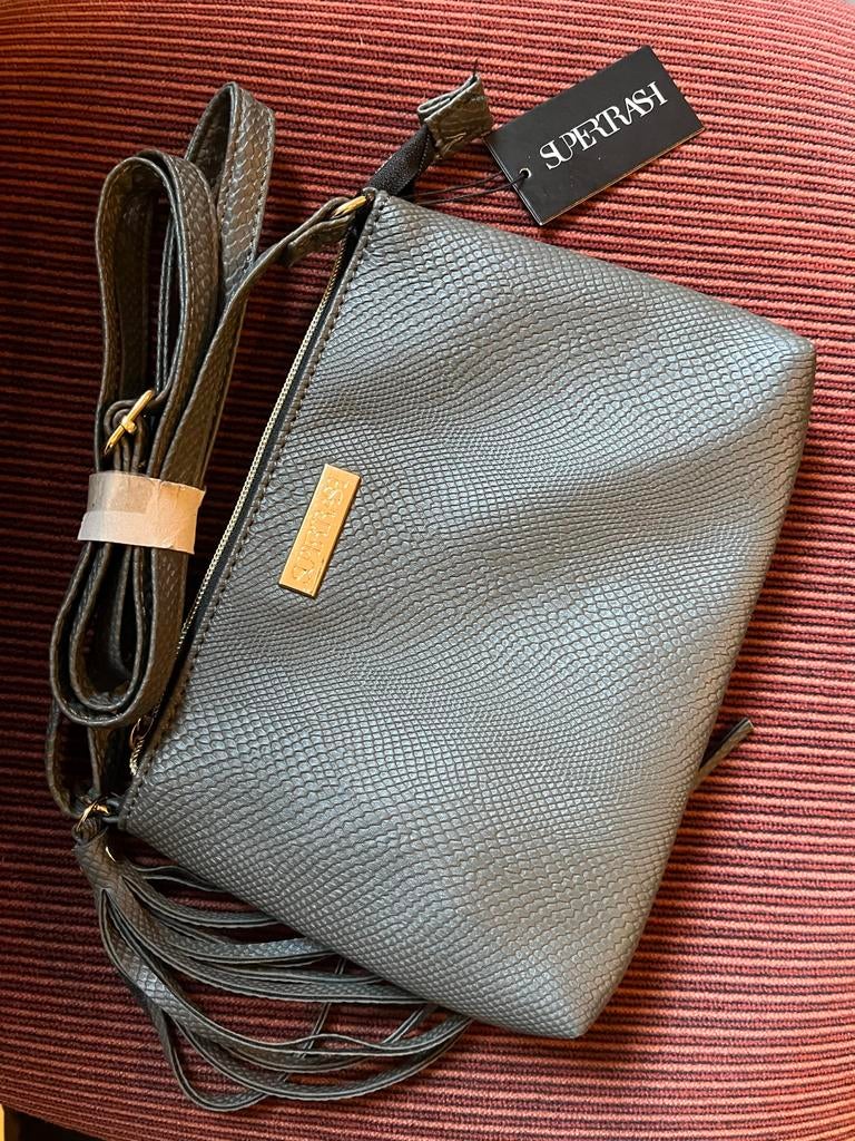 Nieuwe Supertrash crossbodytas met slangenprint en kwastje, Ophalen of Verzenden, Zo goed als nieuw, Grijs, Schoudertasje