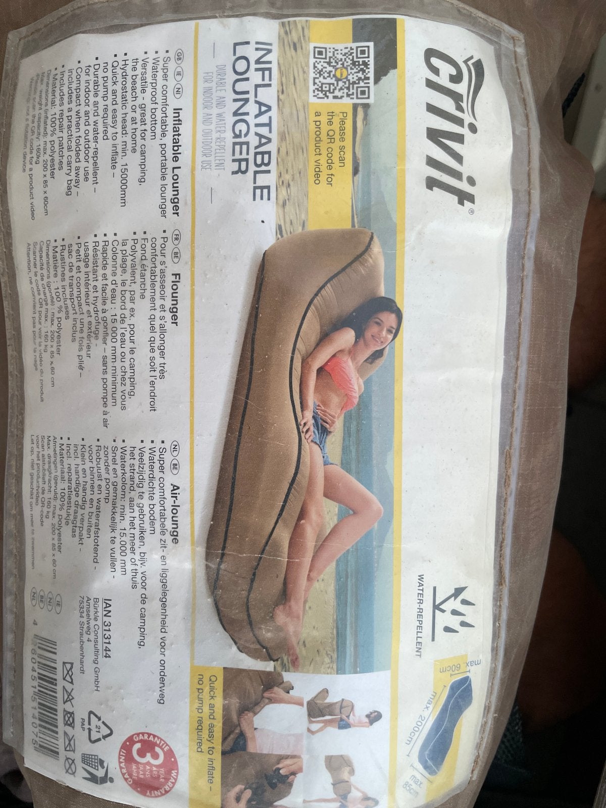 Crivit Opblaasbare Lounger - Comfortabel & Draagbaar, Ophalen of Verzenden, Nieuw, 1-persoons