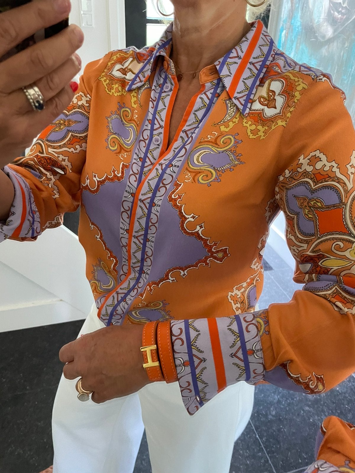 @Other Stories, prachtige blouse in “Versace” print, maat S, Ophalen of Verzenden, Zo goed als nieuw, Maat 36 (S), Oranje