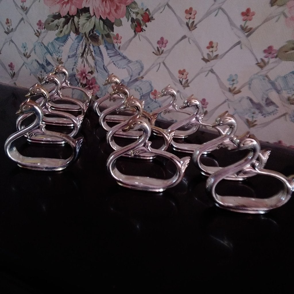 12 vintage silver plated servetten ringen zwaantjes, Verzenden