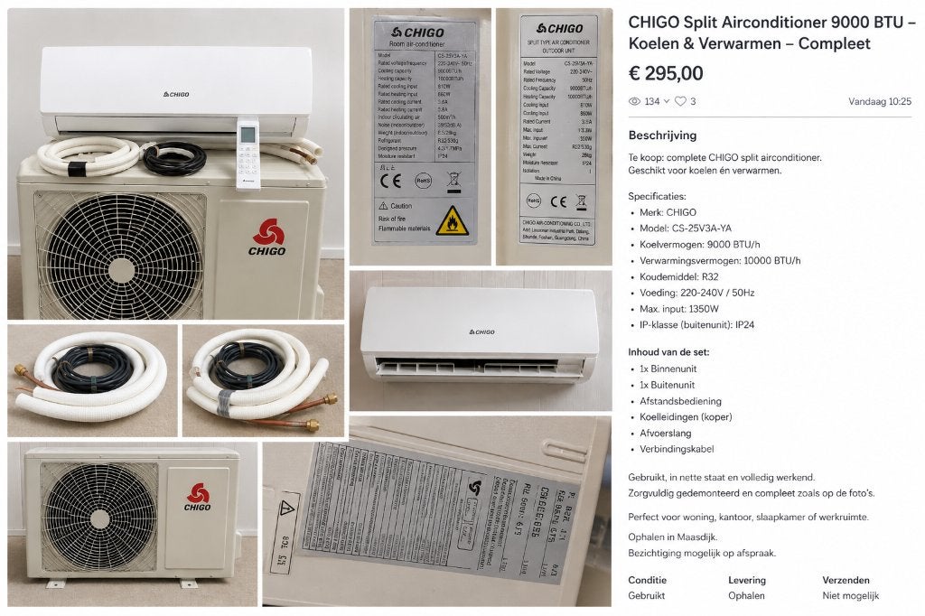 CHIGO Split Airconditioner 9000 BTU – Compleet – Koelen, Ophalen, Gebruikt, TJJ, Minder dan 60 m³