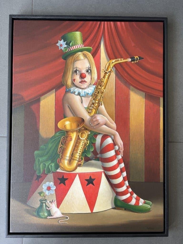 Clowntje met saxofoon, origineel schilderij Frank Warmerdam, Antiek en Kunst, Ophalen, Paneel, Realistisch, Olieverf