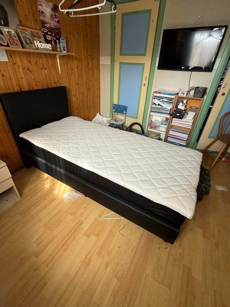 Eenpersoons boxspring met zwart hoofdbord, Ophalen, 90 cm, Eenpersoons, Zwart