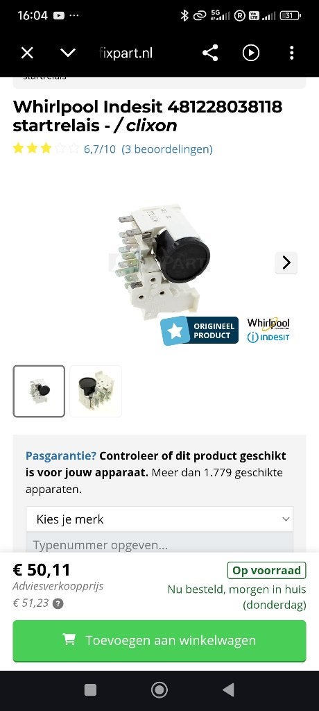 Whirlpool Indesit 481228038118 startrelais-/clixon, Ophalen of Verzenden, Gebruikt