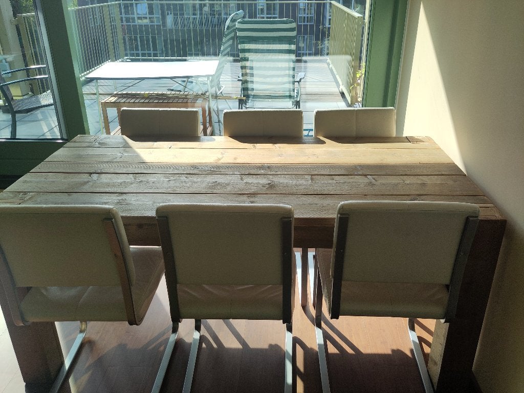 Eettafel van steigerplanken voor zes personen, Huis en Inrichting, Ophalen, Gebruikt, 50 tot 100 cm, Vijf personen of meer