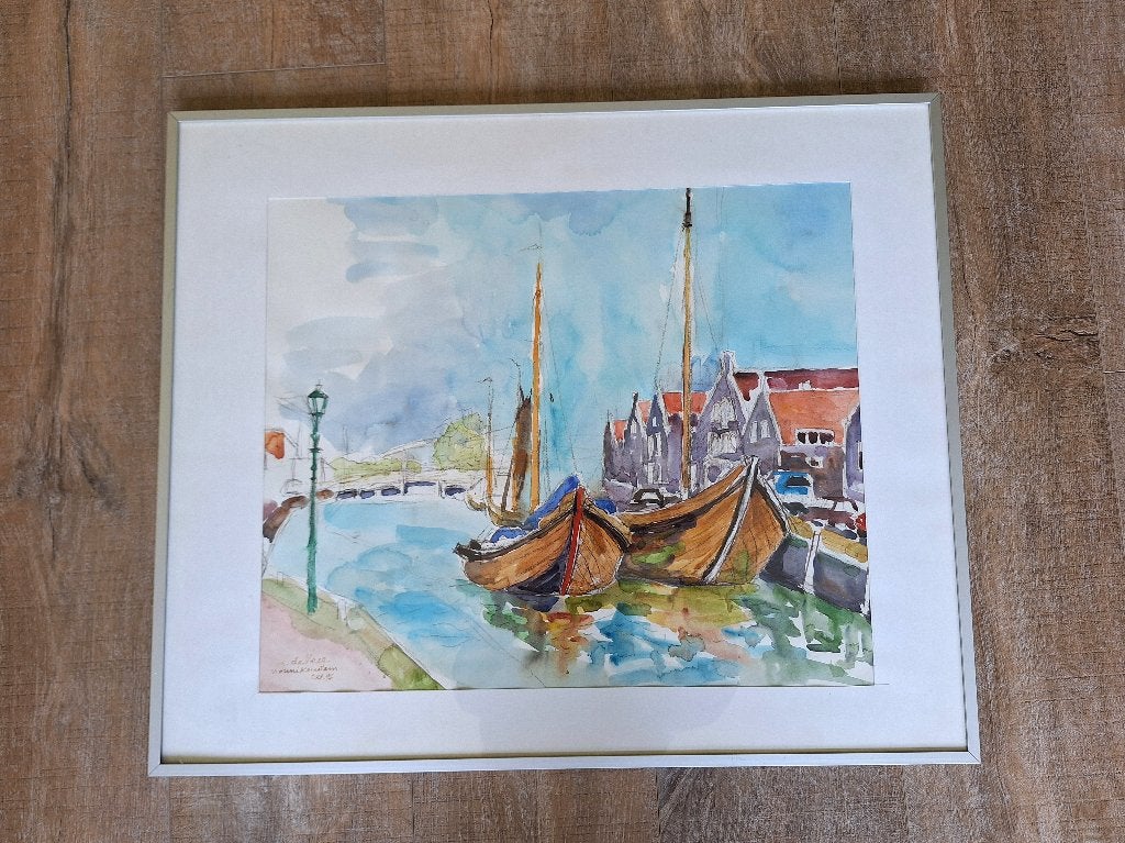 aquarel Botters in Monnickendam – Lilia de Veer, 1996, Ophalen, Maritiem / water, Impressionistisch, Aquarel