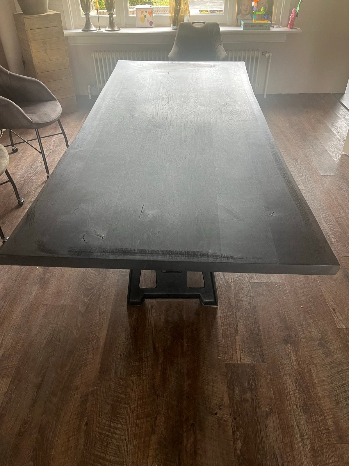 Robuuste eettafel met verstelbaar onderstel, Ophalen, Gebruikt, 200 cm of meer, 50 tot 100 cm