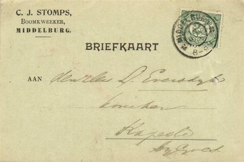 C.J. Stomps, Boomkweeker, Middelbrug - 11.1905 - briefkaart, Ophalen of Verzenden, Briefkaart