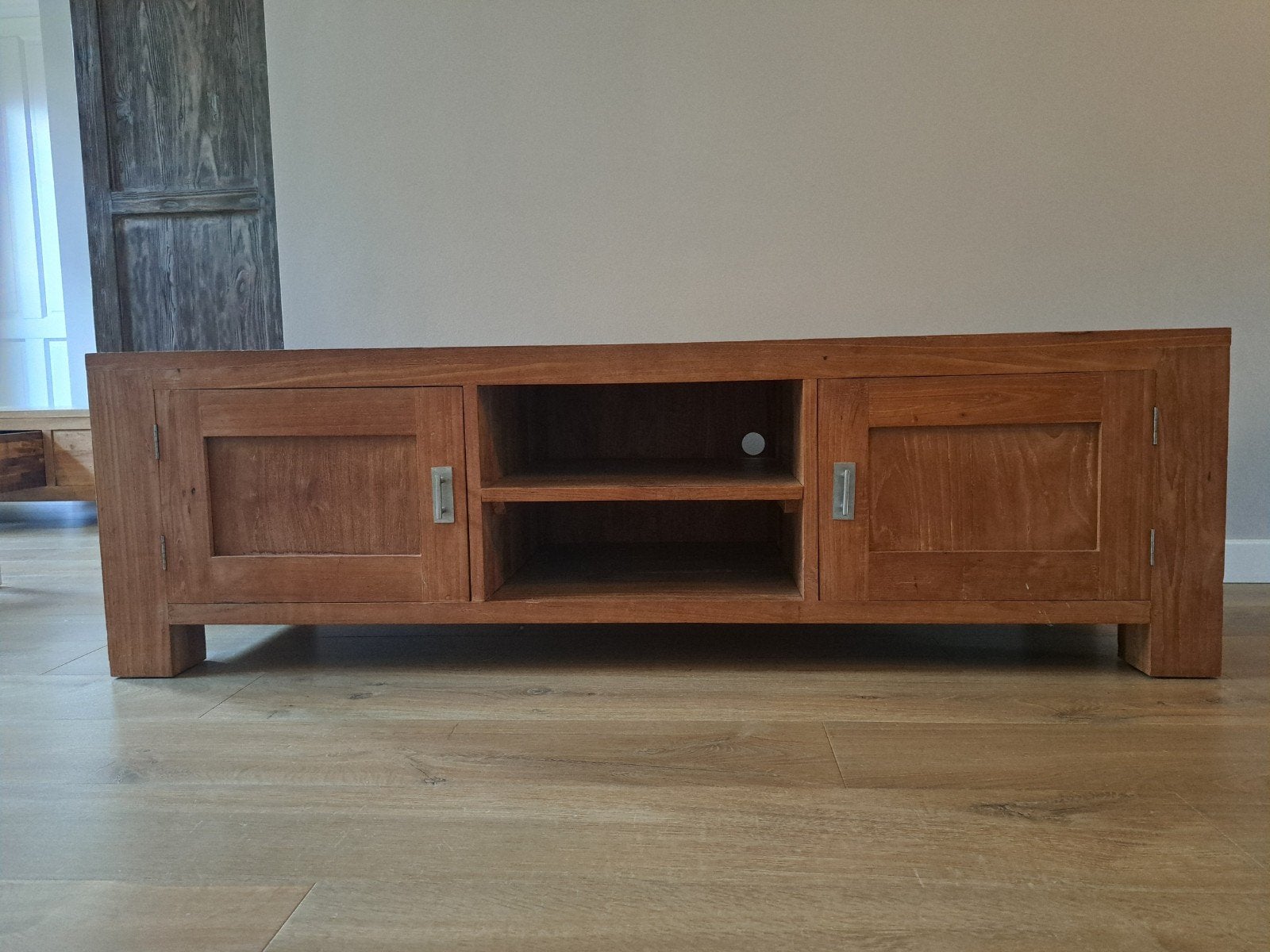 Tv-meubel teakhout met opbergruimte, Ophalen, Gebruikt, 150 tot 200 cm, Minder dan 100 cm