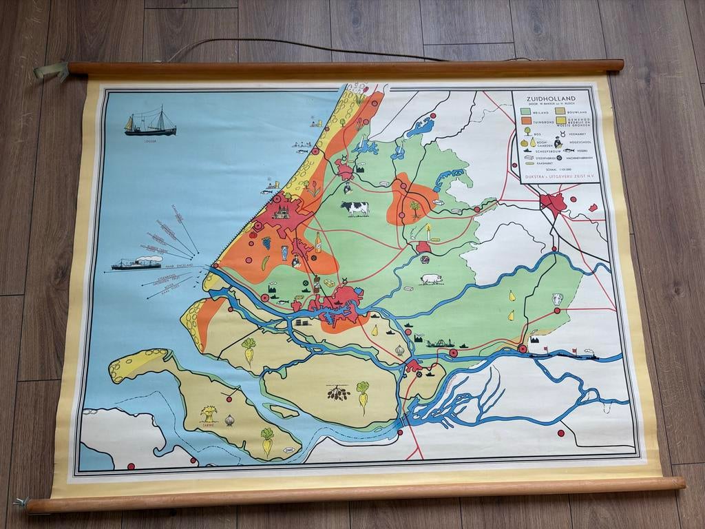 Vintage schoolkaart Zuid-Holland - Dijkstra's Uitgeverij, Antiek en Kunst, Ophalen of Verzenden, Aardrijkskunde