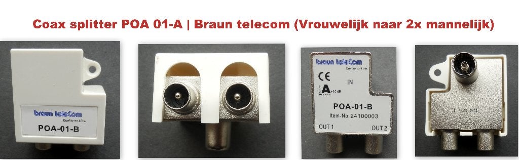 Coax splitter poa 01-a | braun telecom (1x female - 2x male), Audio, Tv en Foto, Audiokabels en Televisiekabels, Ophalen of Verzenden