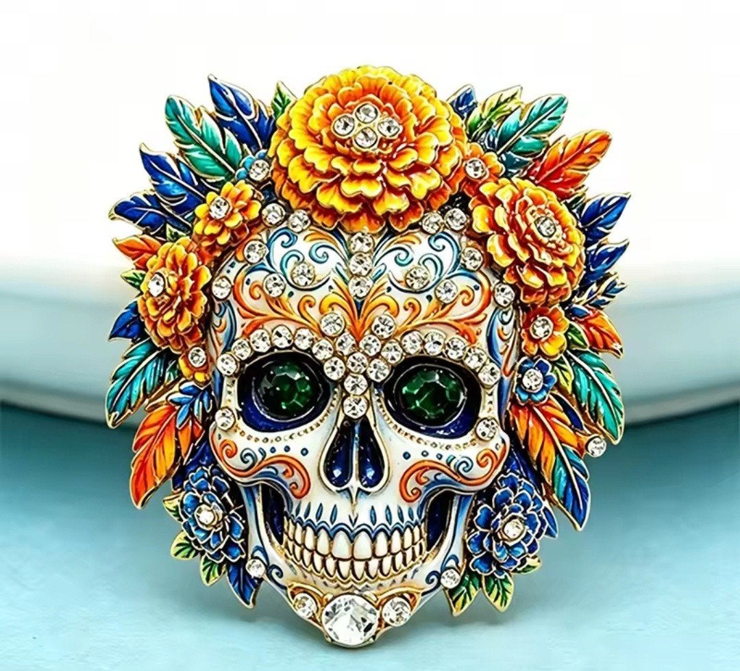 Nieuwe kleurrijke suikerschedel broche met strass, Overige materialen, 4 tot 7 cm, Overige kleuren, Nieuw