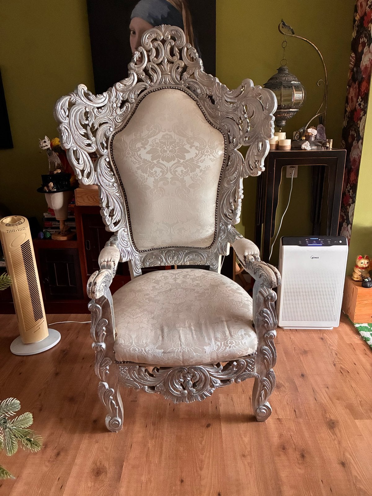 Grote Barokke Troonstoel - Wit/Zilver met Damast Bekleding, Antiek en Kunst, Ophalen