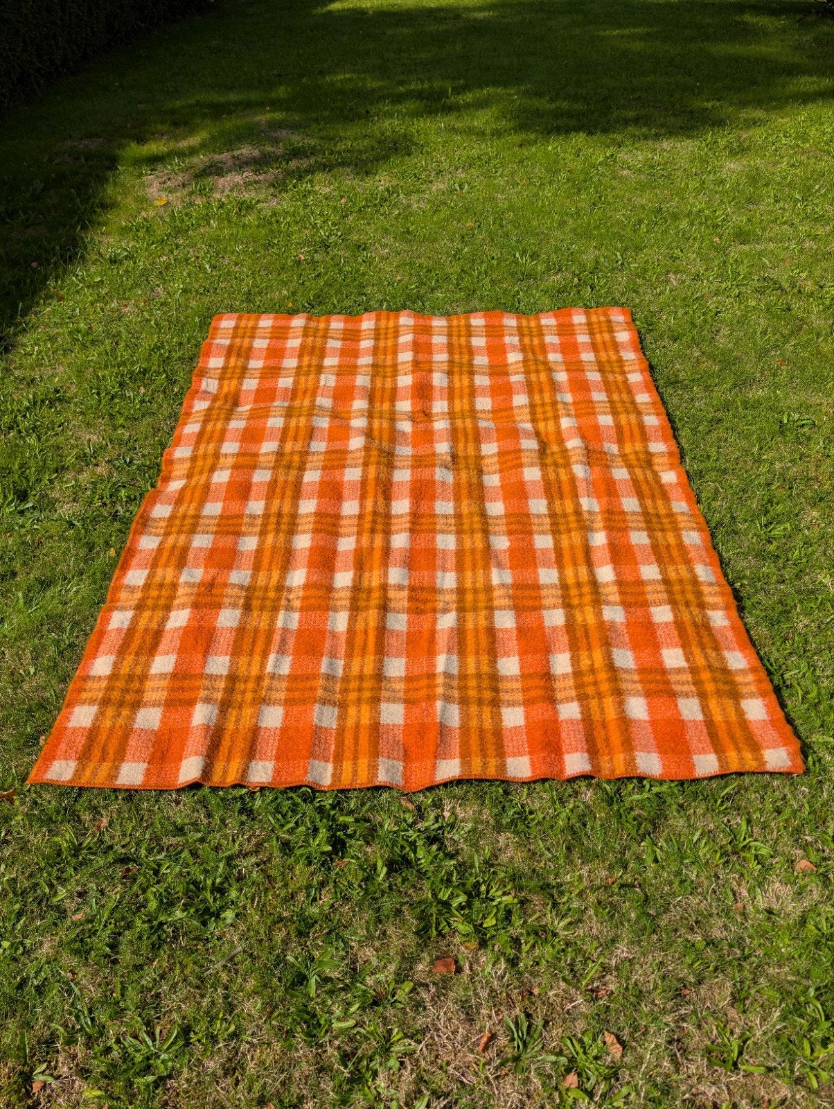 Vintage Hillebrands wollen deken - Oranje geruit, Oranje, Wol, Ophalen of Verzenden, Zo goed als nieuw