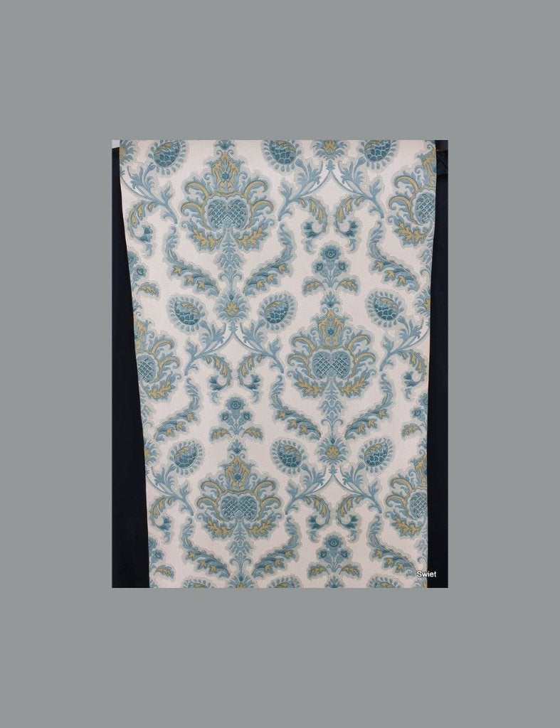 13198 Vintage barok behang met blauw structuur dessin swiet, Ophalen of Verzenden, Blauw