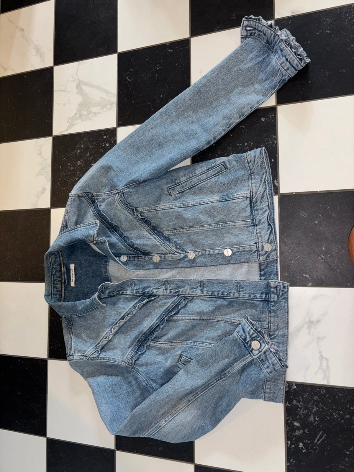 Nukus spijkerjasje XL met ruches, Ophalen of Verzenden, Zo goed als nieuw, Maat 46/48 (XL) of groter, Blauw