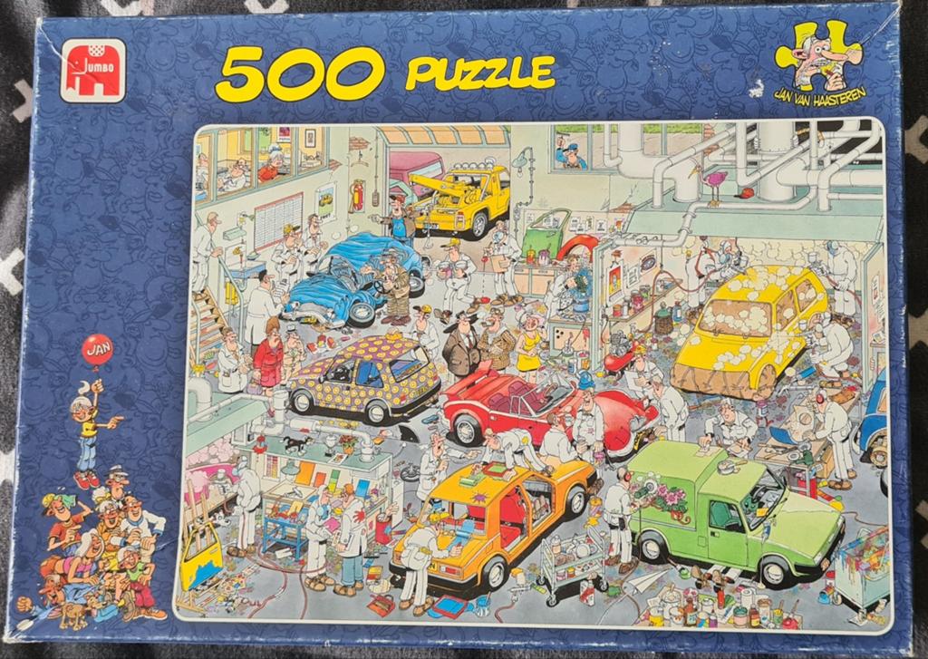 Jan van Haasteren In de Autospuiterij, Ophalen of Verzenden, 500 t/m 1500 stukjes, Gebruikt, Legpuzzel