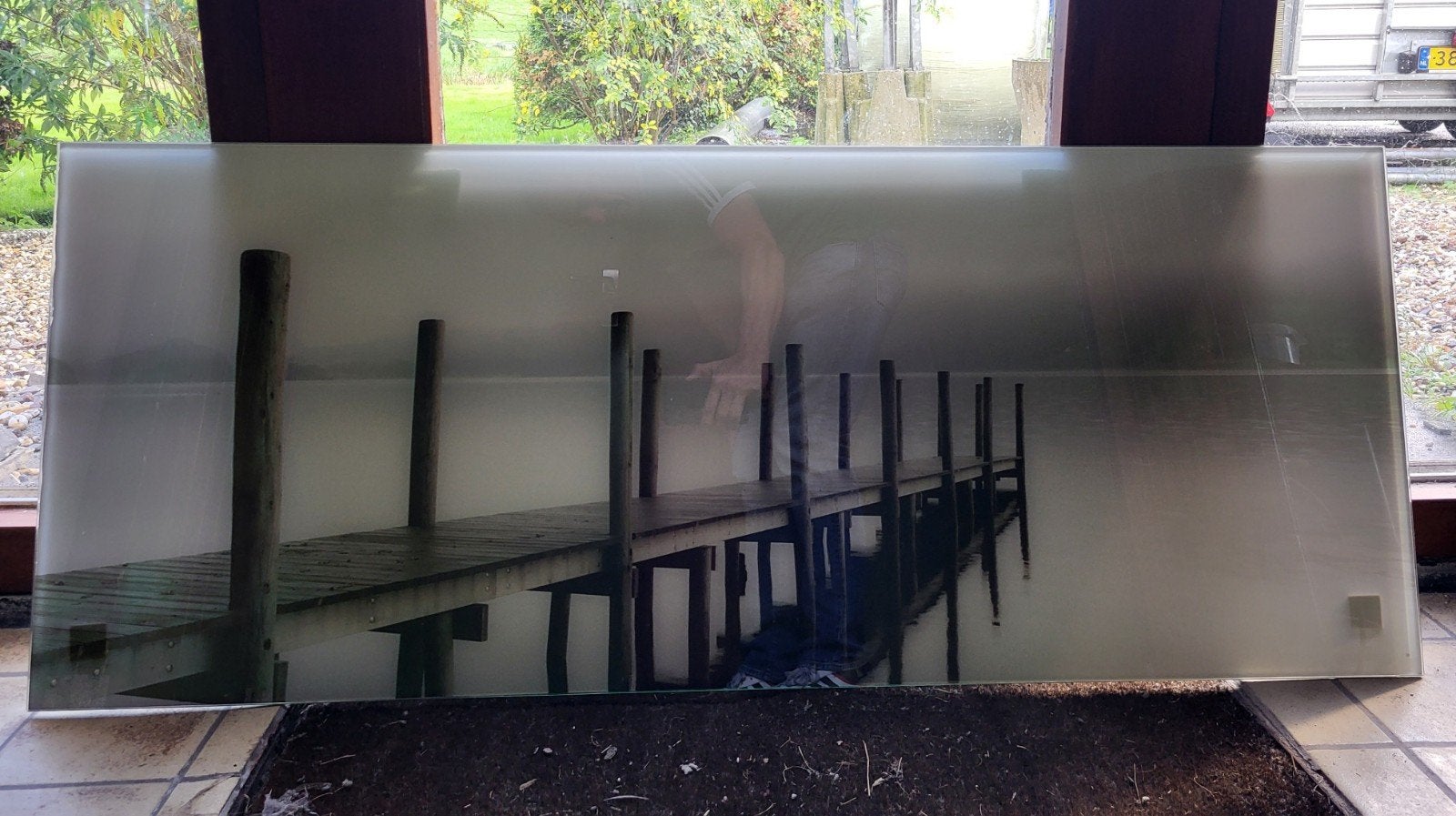 Rustgevende foto op glasplaat: Steiger aan rivier (125x51cm), Ophalen, 50 – 75, Gebruikt, 125 cm of meer