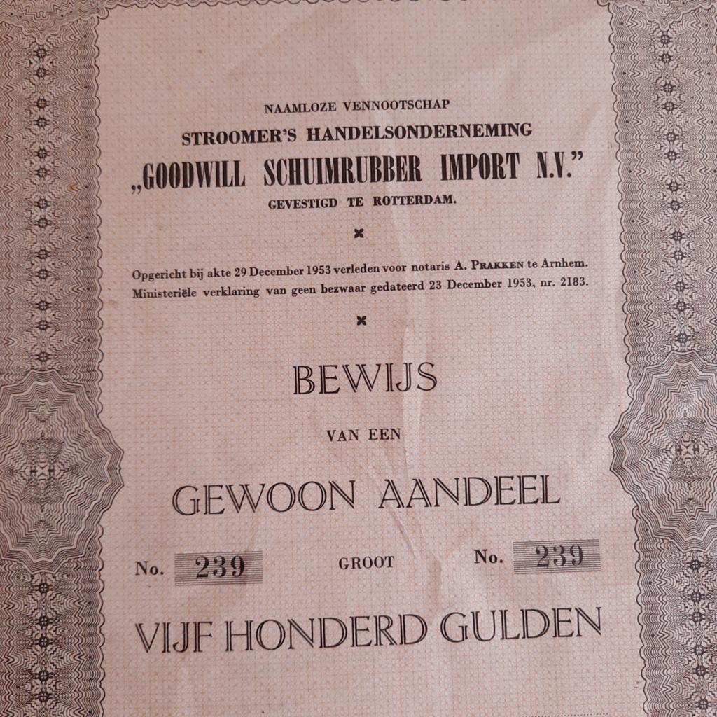 Oud Aandeel Goodwill Schuimrubber Import NV, Verzenden, Aandeel