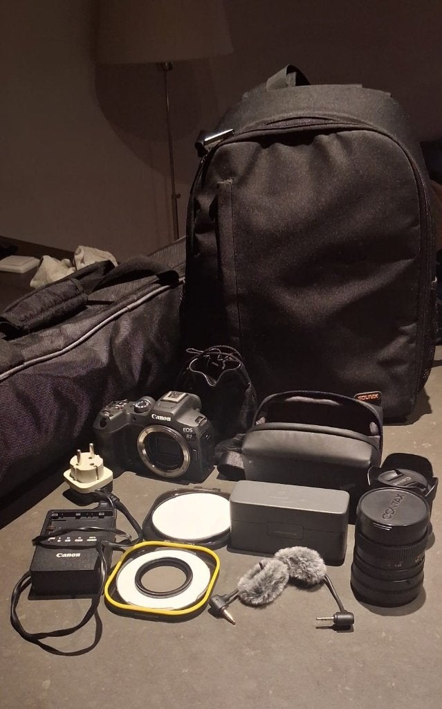 Canon R7 + lenses + DJI MIC II lavs + tripod + camera bag
