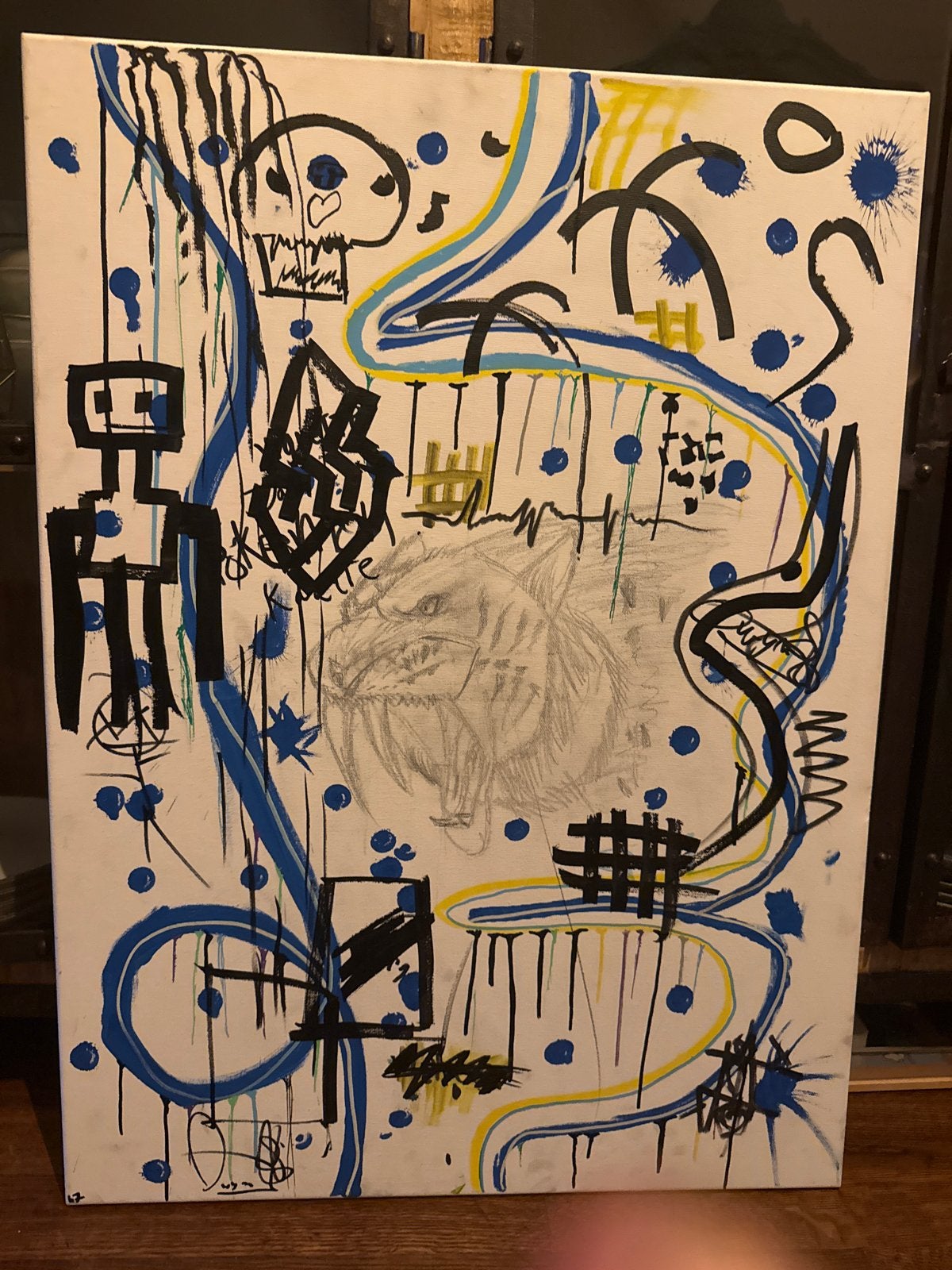 Abstract kunstwerk met sabeltandtijger van Owyn Swinkels, Antiek en Kunst, Ophalen of Verzenden, Textiel, Overige technieken, Abstract