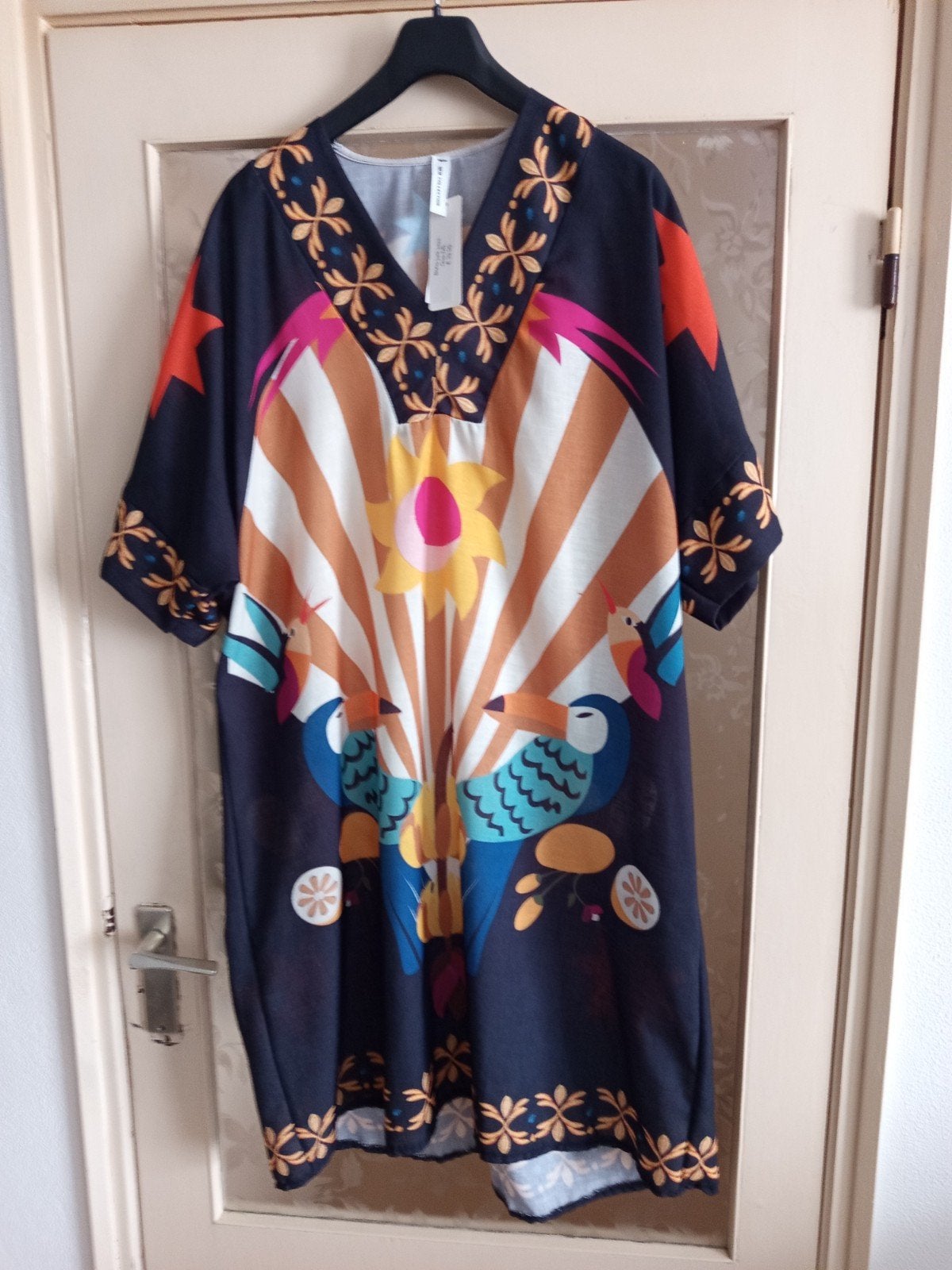 Boho jurk met vogelprint en bloemdetails new collection., Kleding | Dames, Grote Maten, Meerkleurig, Qus-DB, Jurk, Nieuw