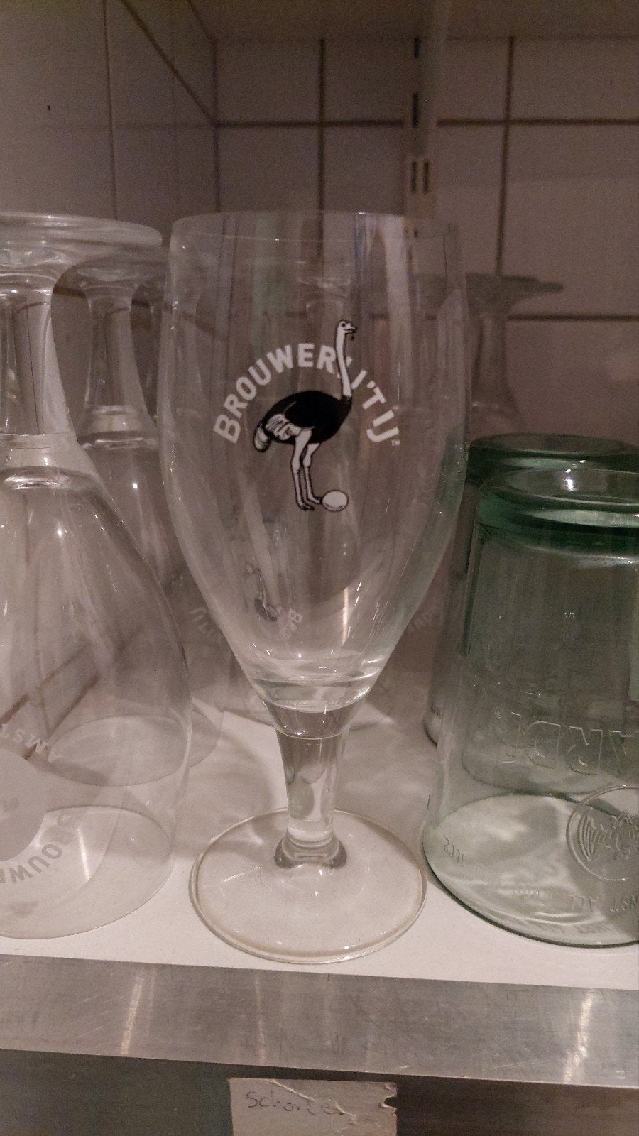 Brouwer'ij bierglas met struisvogel logo, Overige typen, Ophalen, Gebruikt, Glas