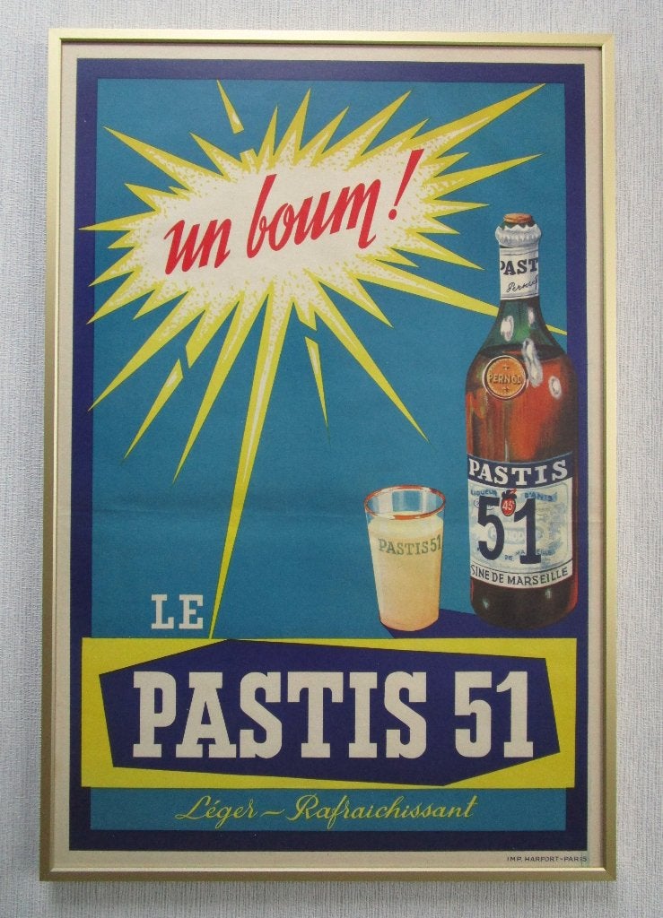 Vintage affiche Pastis 51 ingelijst, Ophalen of Verzenden, Gebruikt, Reclamebord