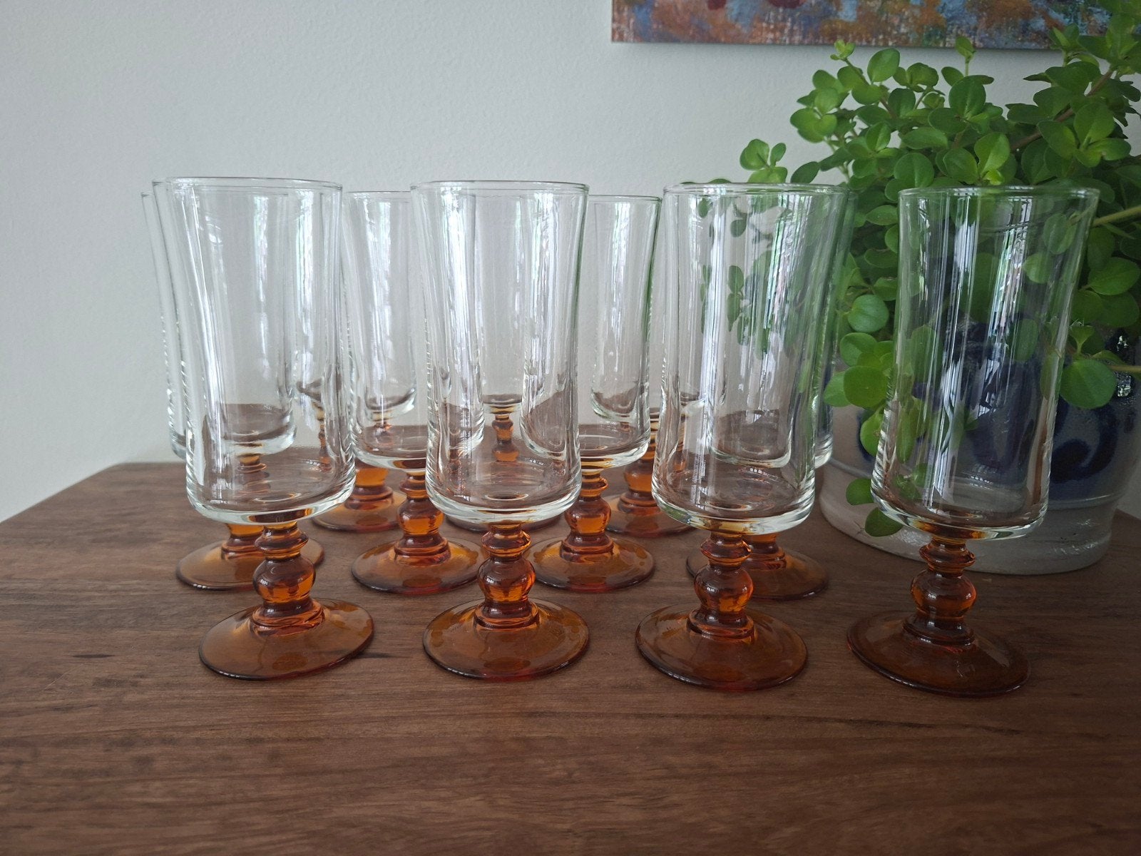 Set van 11 vintage glazen Luminarc met amberkleurige voet, Ophalen of Verzenden