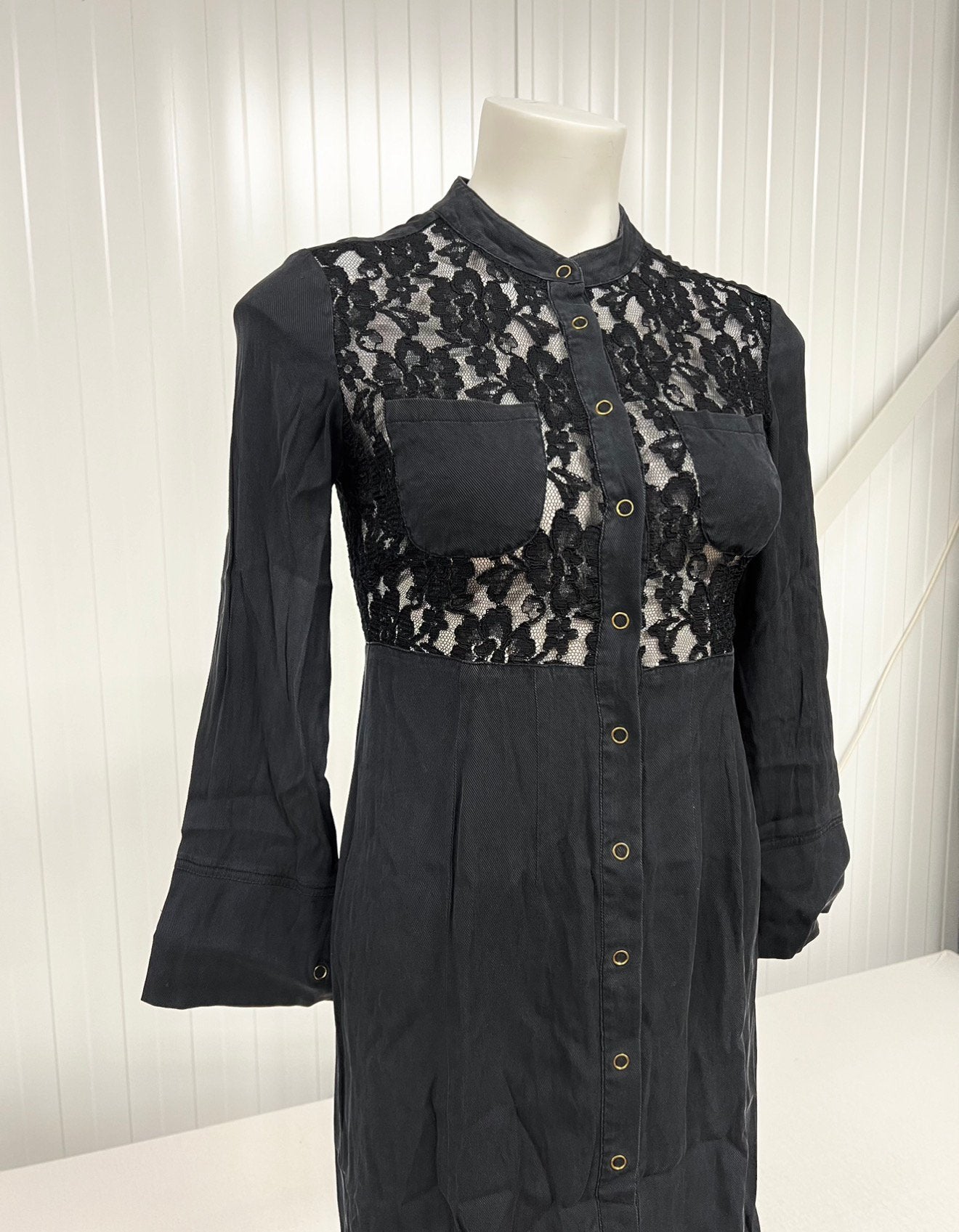 DKNY Donna Karan New York zwarte bloemen kanten knoop jurk, P, Zwart, P, P