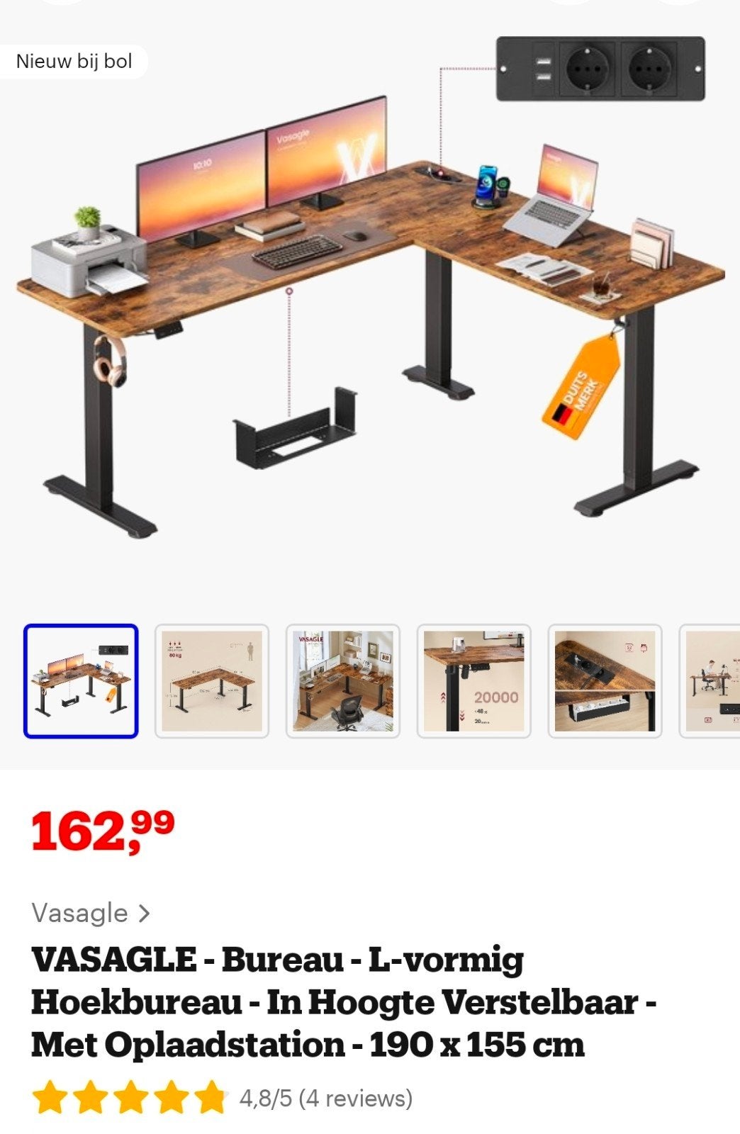VASAGLE L-vormig Hoekbureau - In Hoogte Verstelbaar, Ophalen, Spaanplaat of MDF, Hoekbureau, Industrieel
