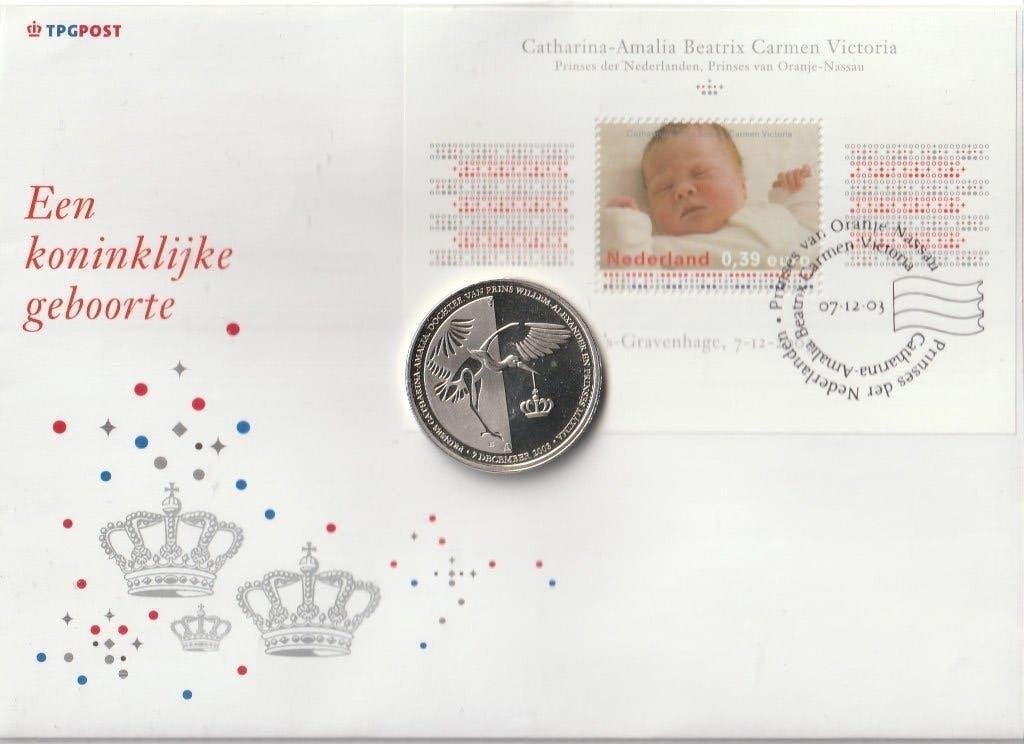 EEN KONINKLIJKE GEBOORTE AMALIA 2003 ZEGEL EN MUNT, Postzegels en Munten, Ophalen of Verzenden, Na 1940, Gestempeld