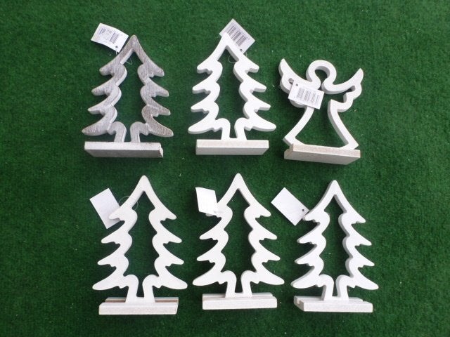 NIEUW assortiment van 6 houten kerstdecoratie wit/grijs 15cm, Diversen, Kerst, Ophalen of Verzenden, Nieuw