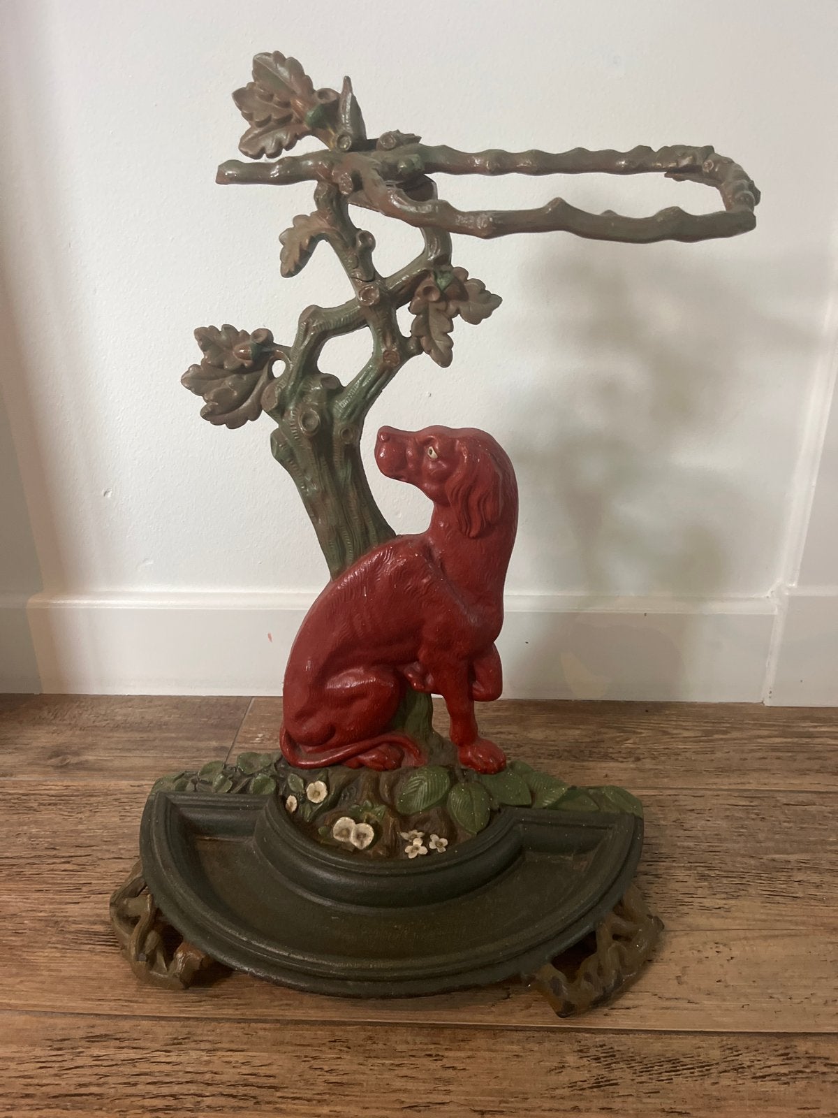 Antieke gietijzeren paraplubak met hond en boom, Vintage, Gebruikt, Meerkleurig, Ophalen of Verzenden