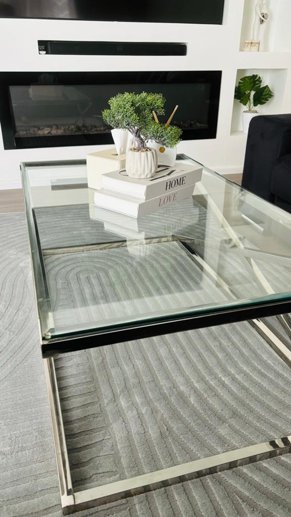 Glazen Salontafel Rechthoekig RVS Zilver Als nieuw, Ophalen, 75 cm of meer, Rechthoekig, Glas