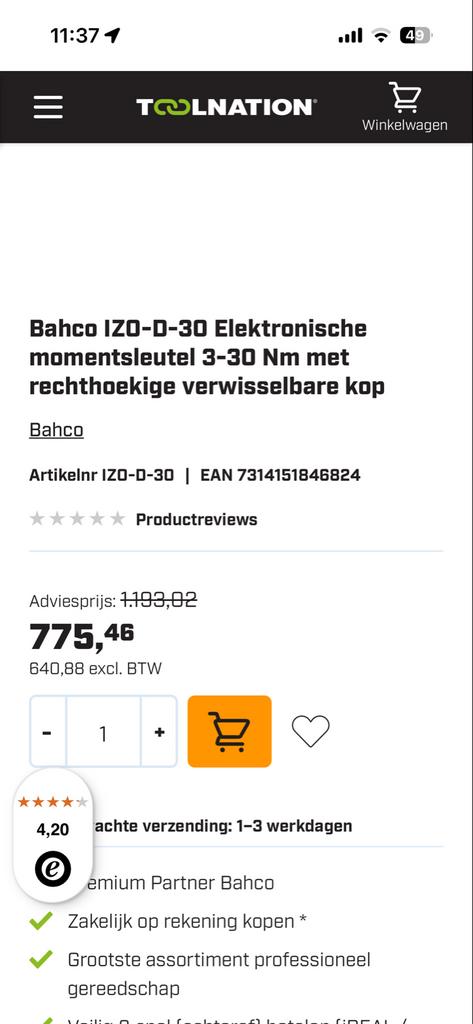 Bahco IZO-D-30 Elektronische momentsleutel 3-30 Nm, Ophalen, Zo goed als nieuw