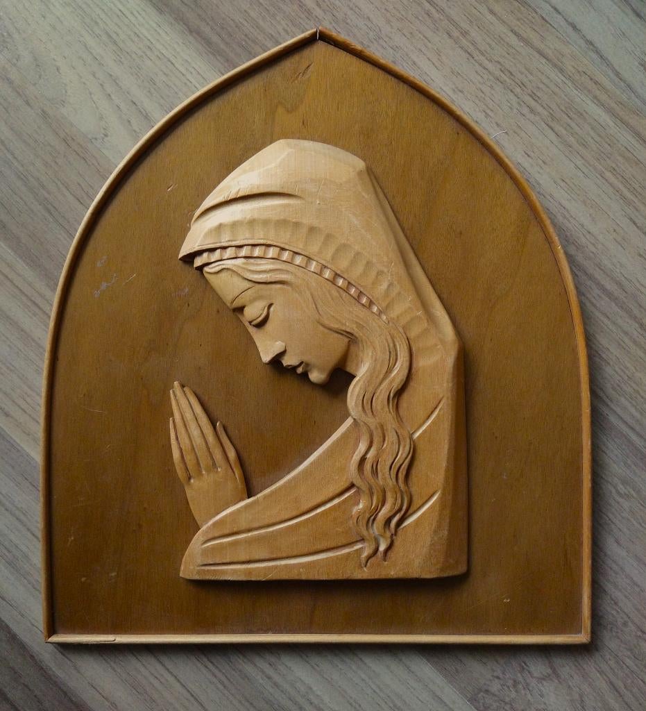 Houten Maria handgesneden plaquette reliëf Art Deco stijl, Antiek en Kunst, Art deco, Ophalen of Verzenden, Handgemaakt, Wanddecoratie