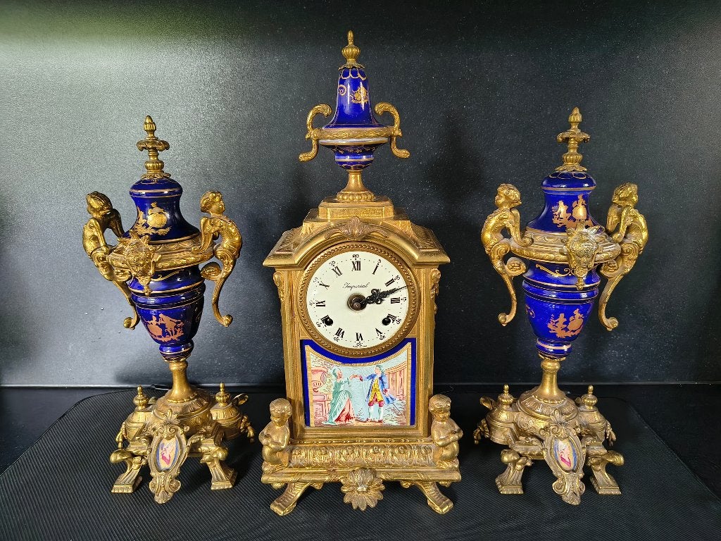 Franse Imperial Klok en Vazen Set - Brons en Porselein, Antiek en Kunst, Antiek | Klokken, Ophalen