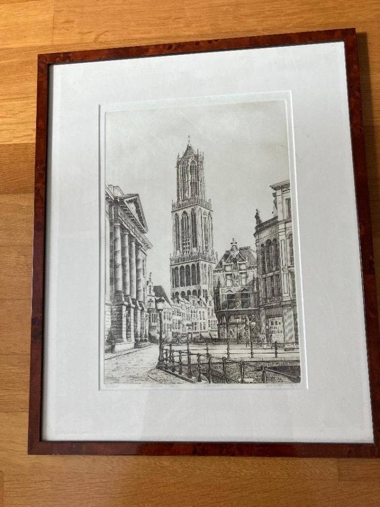 Ets Stadhuis / Dom Utrecht, A Wieringa, Antiek en Kunst, Ets, Stadsgezicht, Met tekst, Ophalen of Verzenden
