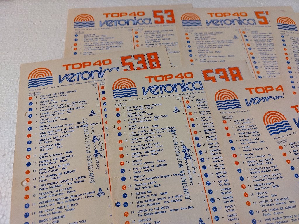Top 40 velletjes Radio Veronica 1972 - 9 stuks, Verzamelen, Muziek, Artiesten en Beroemdheden, Gebruikt, Top 40, Ophalen of Verzenden