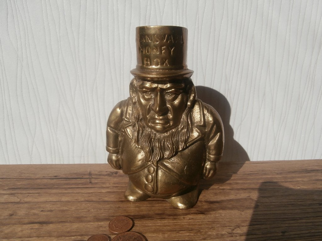 Antieke Spaarpot +/- 1900, Paul Kruger, met Antieke Munten, Ophalen of Verzenden, Gebruikt, Metaal of Blik, Overige thema's