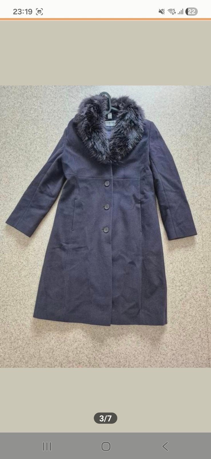Bijenkorf wollen jas met kasjmier en bontkraag, Maat 38/40 (M), Blauw, Bijenkorf, Ophalen of Verzenden