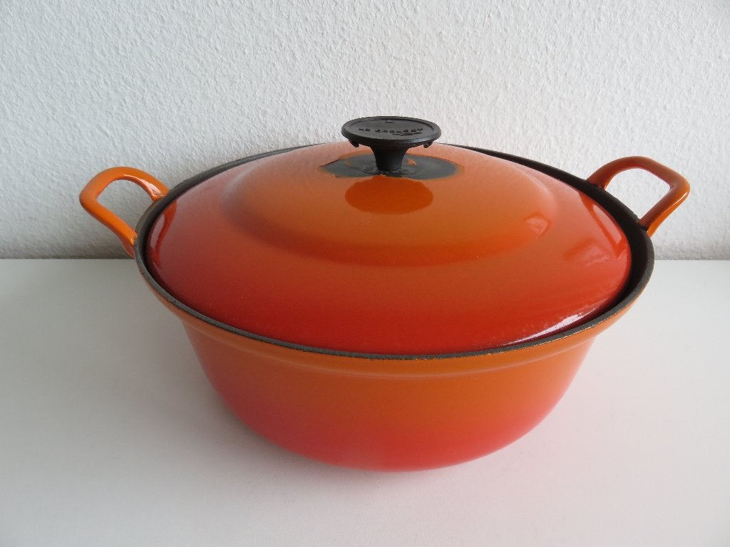 Vintage oranje le creuset braadpan 28 cm, Gebruikt, Le Creuset, Ophalen of Verzenden, Met deksel