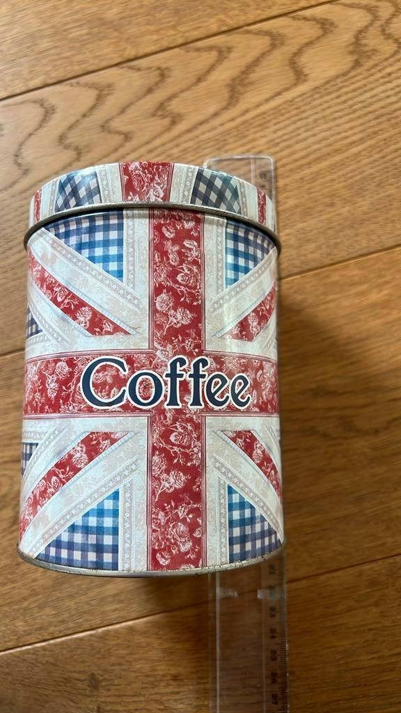 Coffee / koffie blik Engelse vlag 14cm hoog 1,5cm doorsnee, Ophalen of Verzenden, Gebruikt, Koffie