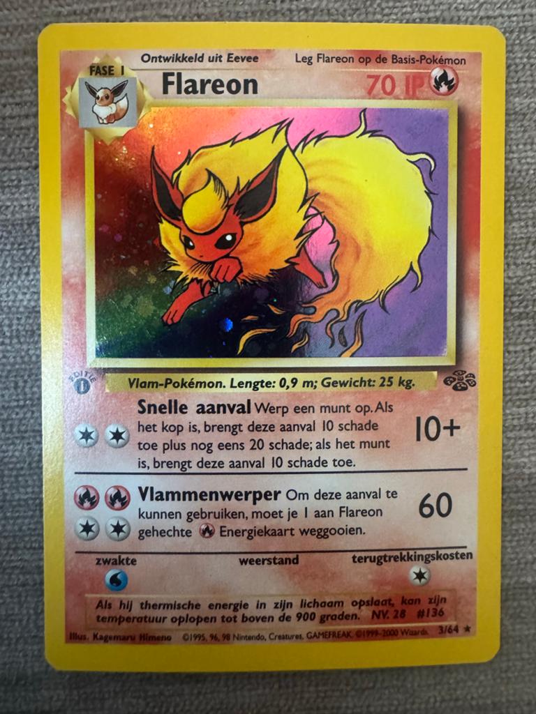 First edition Pokémon Kaart Flareon 3/64 Jungle Set Holo, Hobby en Vrije tijd, Verzamelkaartspellen | Pokémon, Ophalen of Verzenden