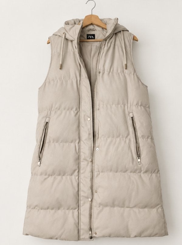 Zara gewatteerde bodywarmer met capuchon S/M, Kleding | Dames, Ophalen of Verzenden, Zo goed als nieuw, Maat 36 (S), Beige