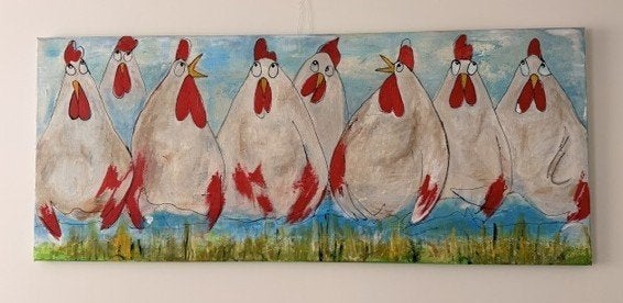 Schilderij, kippen, Acrylverf, Overige stijlen, Doek, Dieren